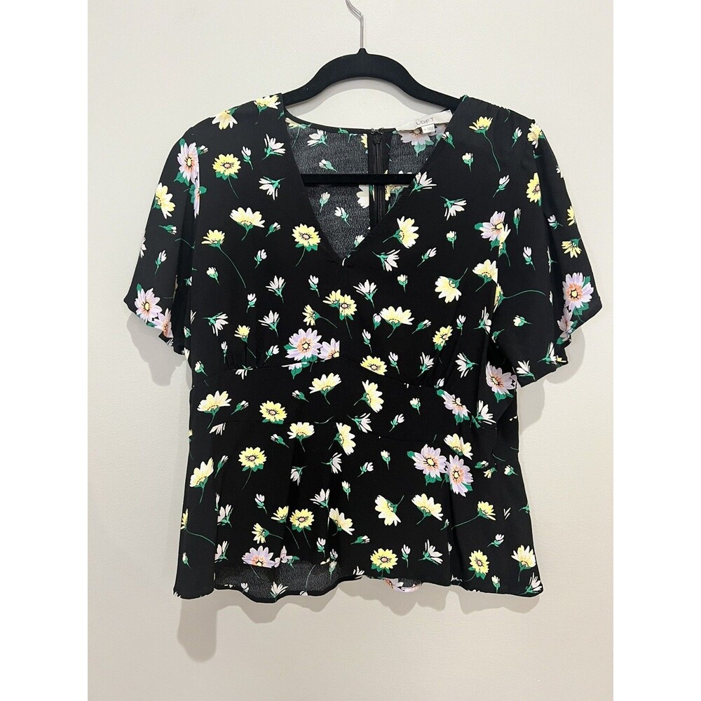 LOFT Black Peplum Style Floral Short Sleeve Blouse with Back Zipper - Size 14